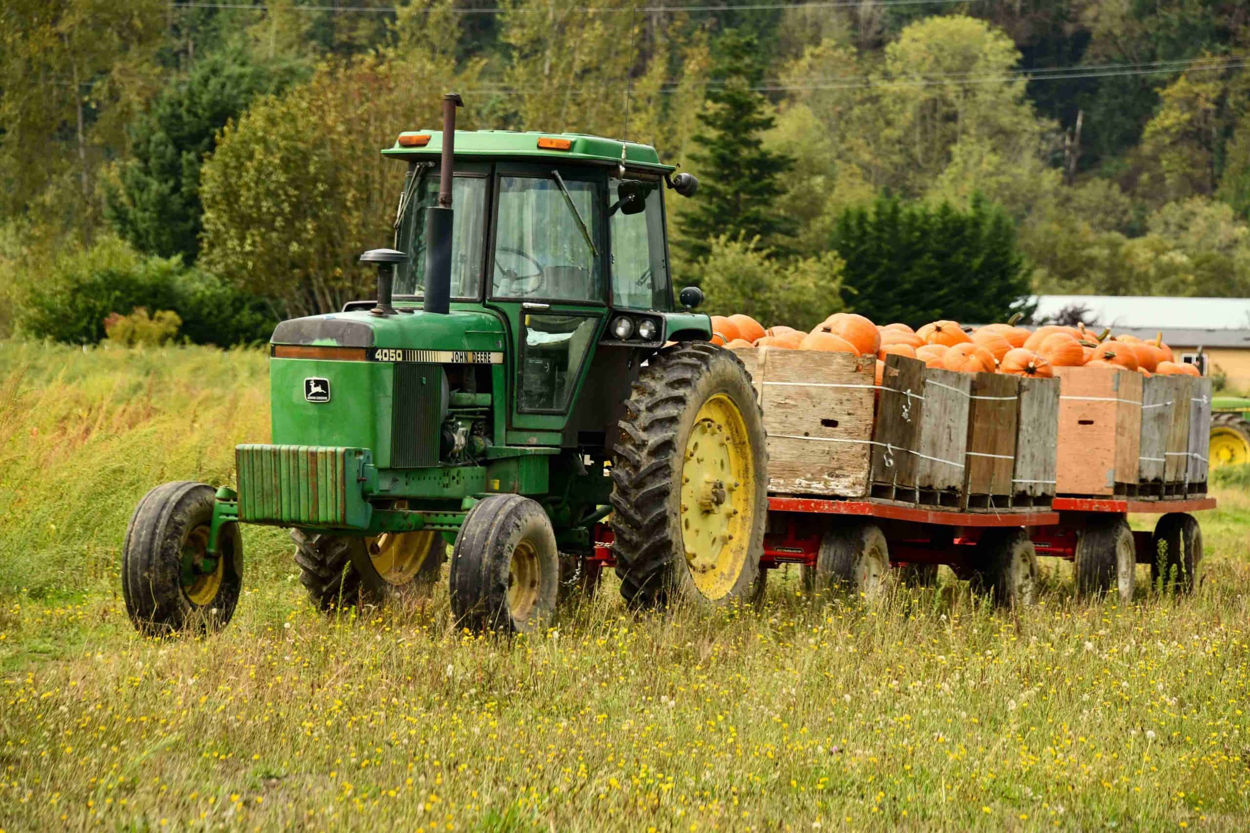 Imagen de un tractor tirando de un remolque cargado de calabazas, lo que representa la intercooperación que se ha tratado en este encuentro online de Sustentta